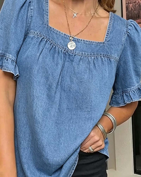 Square Neck Ruffle Denim Blouse