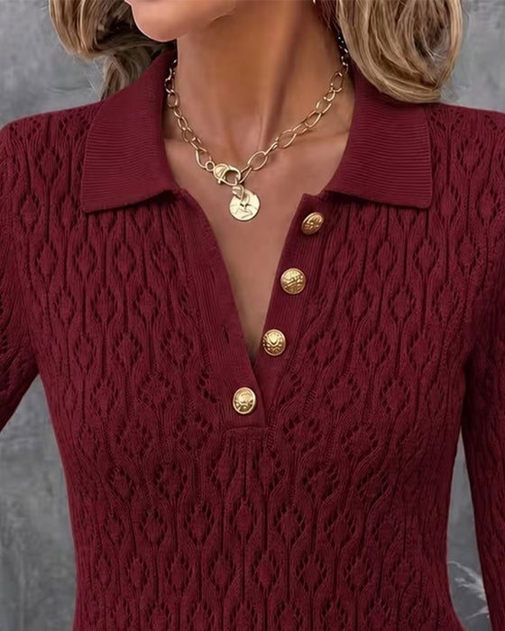 Turn-Down Collar Button Cutout Slim Pullover