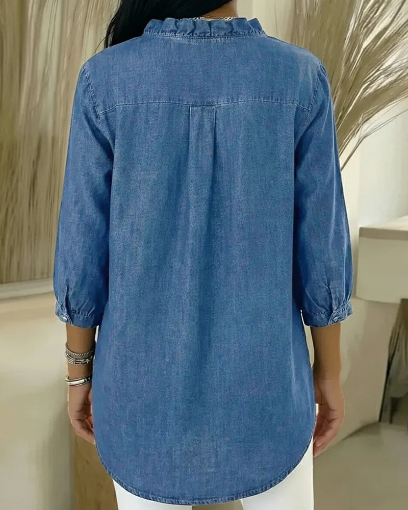 Ruffle V-Neck Denim Blouse