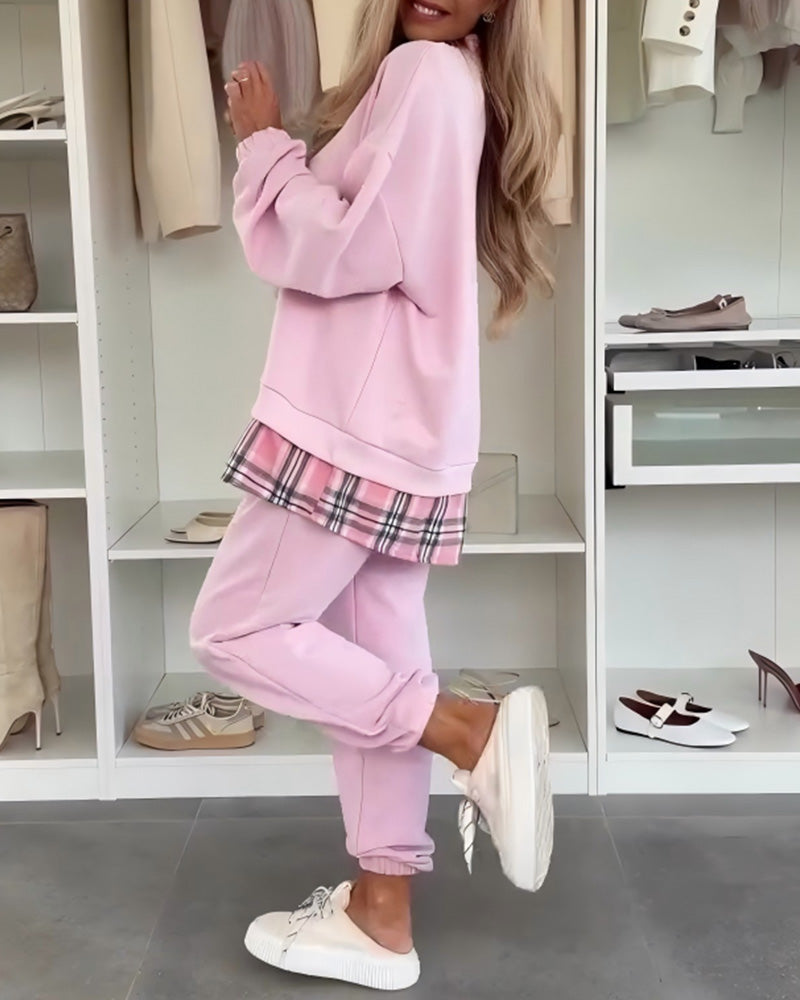 Solid Color And Plaid Patchwork Sports Set