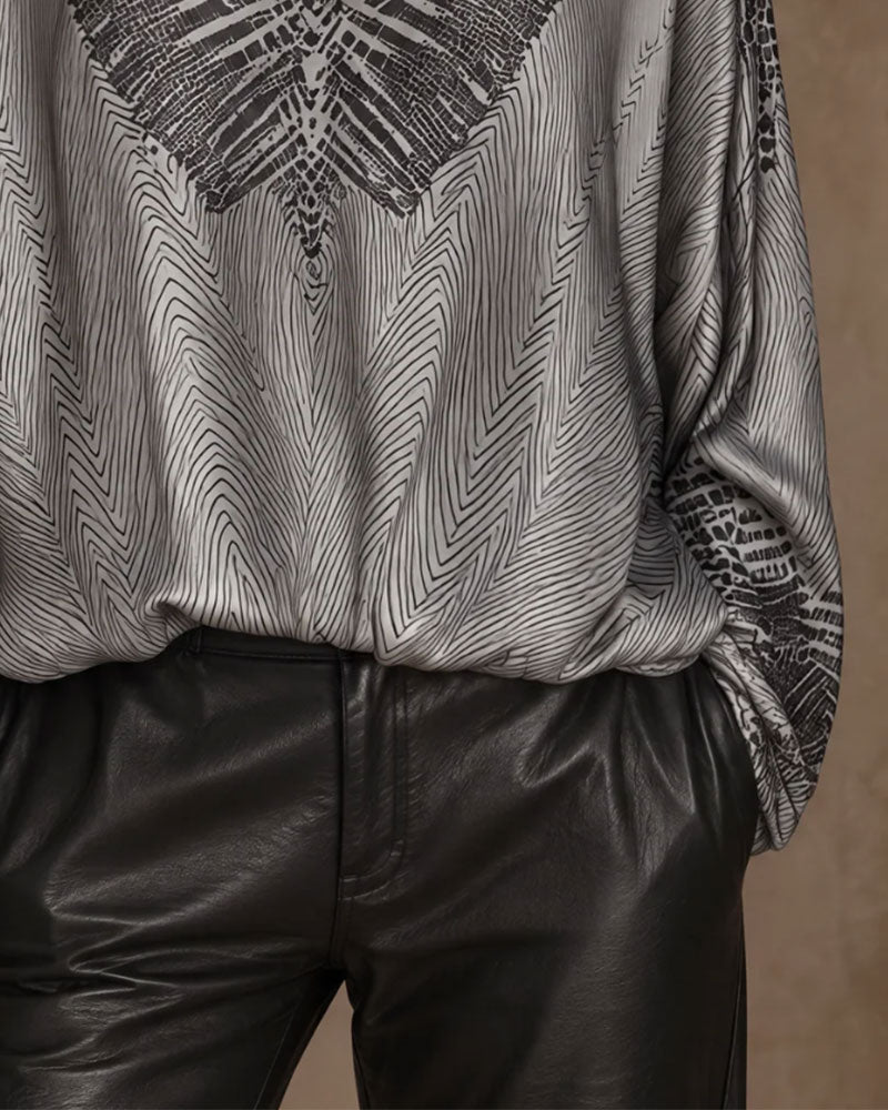 Patterned V-Neck Loose Blouse