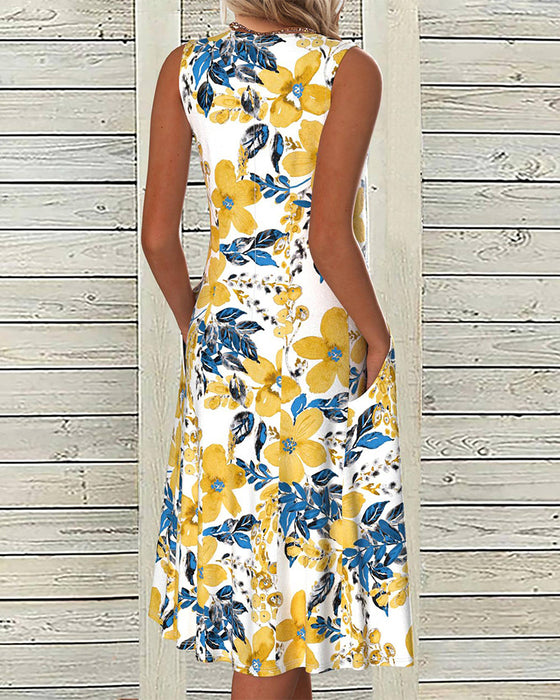 Floral print sleeveless pocket dress