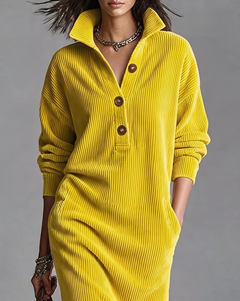 Collared Button Pocket Striped Dress