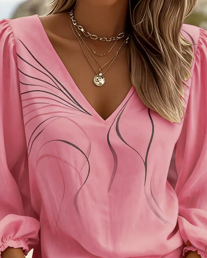 V-Neck Line Printed Puff Sleeve Blouse