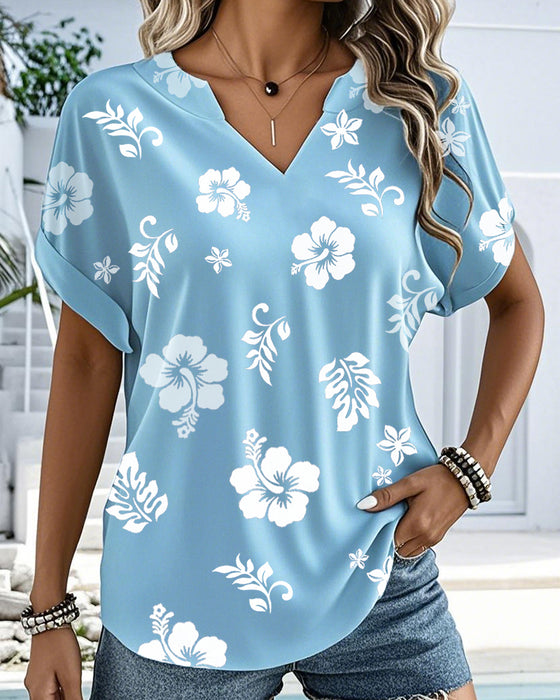 V-Neck Casual Printed Short-Sleeved Blouse