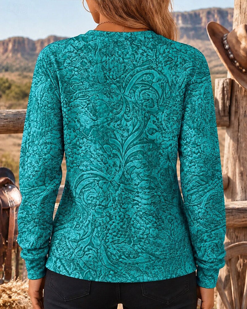 Round Neck Zipper Printed Long Sleeve Sweatshirt
