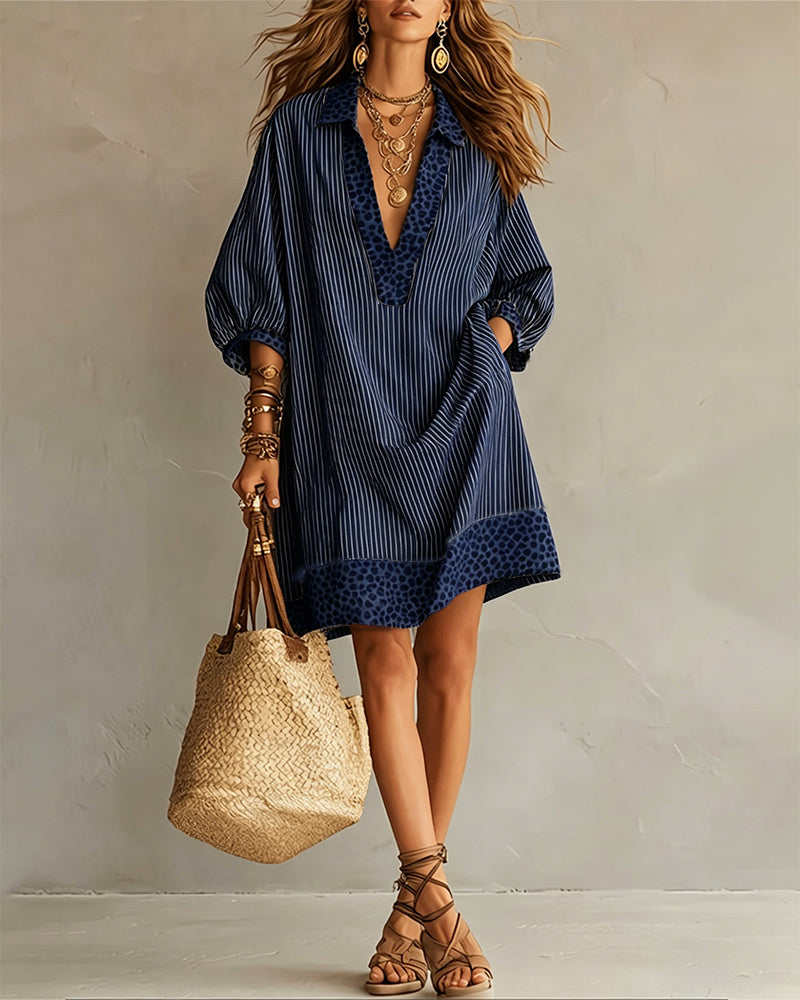 Leopard Print Panel Puff Sleeve Striped Shirt Dress