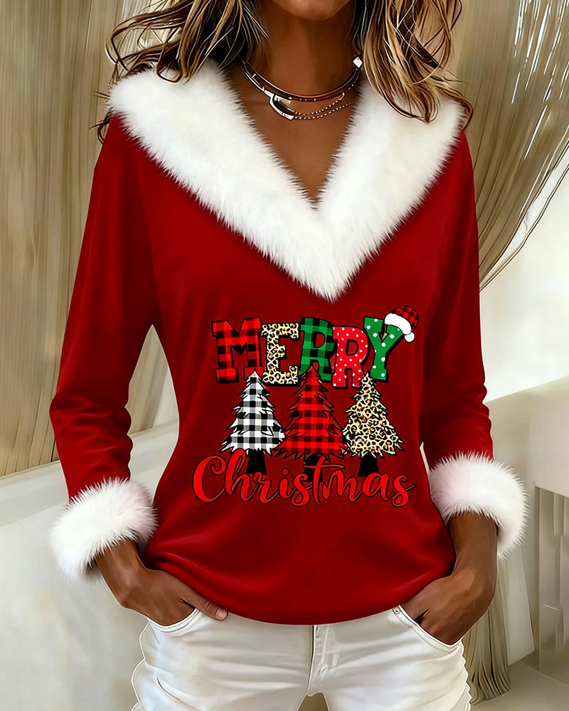V-Neck Christmas Tree-Patterned Top