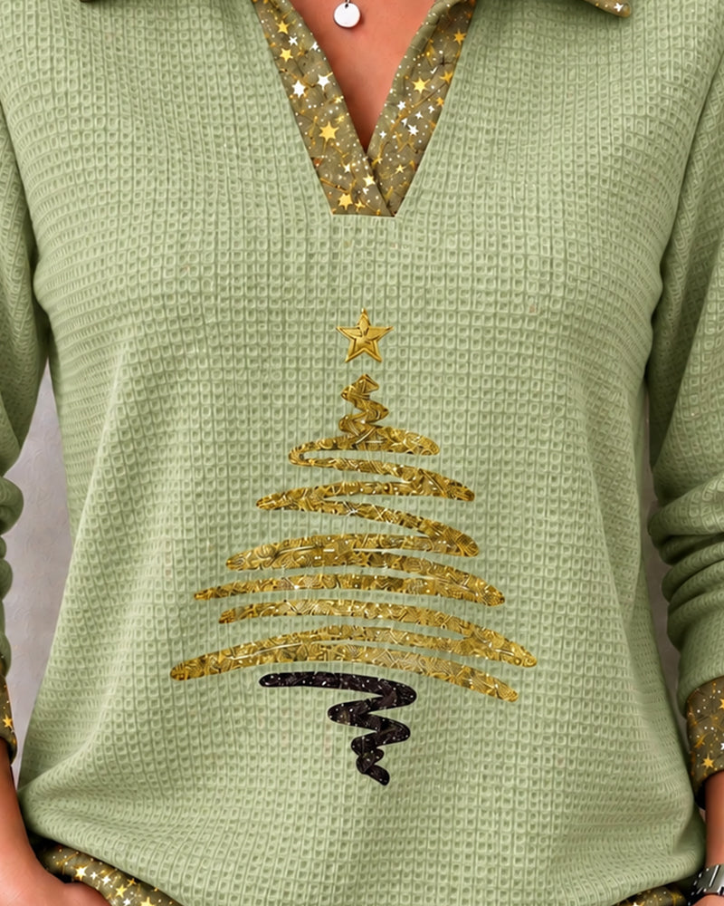 Collared V-neck Waffle Long Sleeve Top