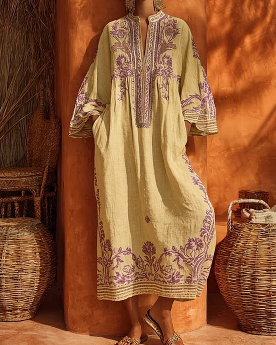V-Neck Ethnic Print Loose Fit Dress