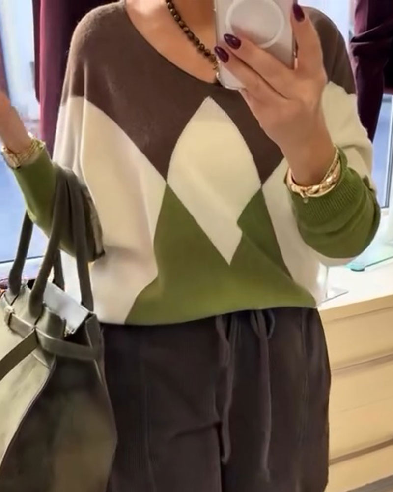 Plaid Contrasting Long-Sleeved Pullover