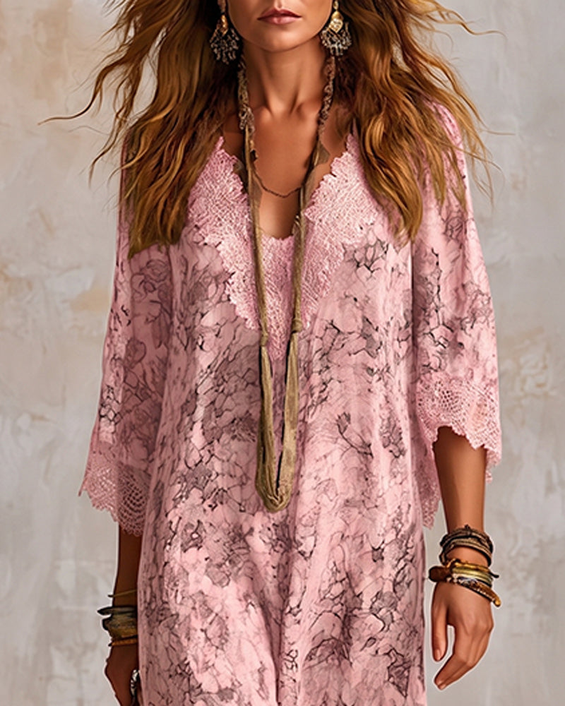 V-Neck Lace Patchwork Asymmetric Dress