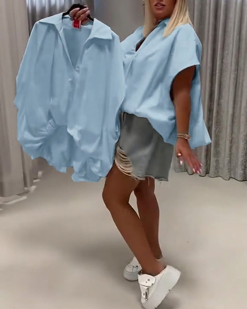 Lapel Loose Fit Batwing Sleeve Blouse