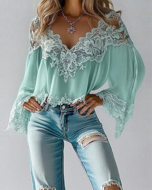 V-Neck Patchwork Loose Long-Sleeved Blouse