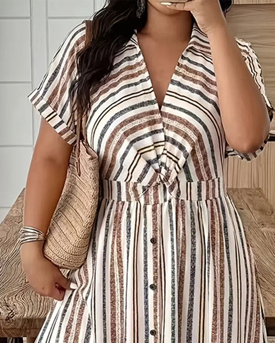 Striped Short Sleeve Lapel Dress