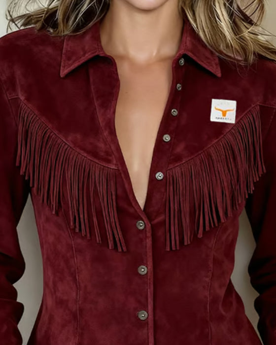 Fashionable Tassel Solid Color Shirt