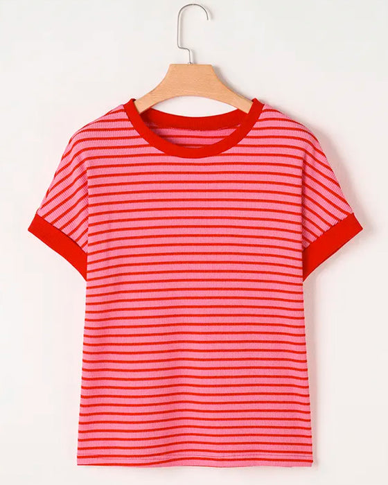 Crewneck Color Block Stripe Short Sleeve T-Shirt