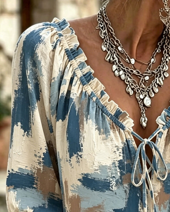Casual Printed V-Neck Blouse