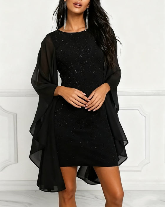 Glittery Round Neck Batwing Sleeves Dress