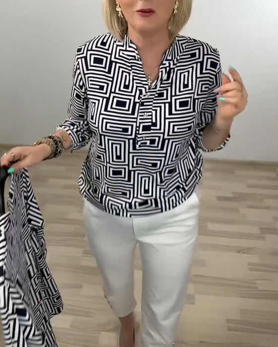 Geometric Semi-Open Collar Three-Quarter Sleeve Shirt
