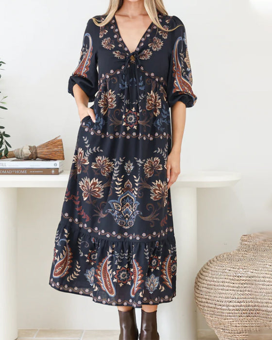 V-Neck Bubble Sleeve Dress