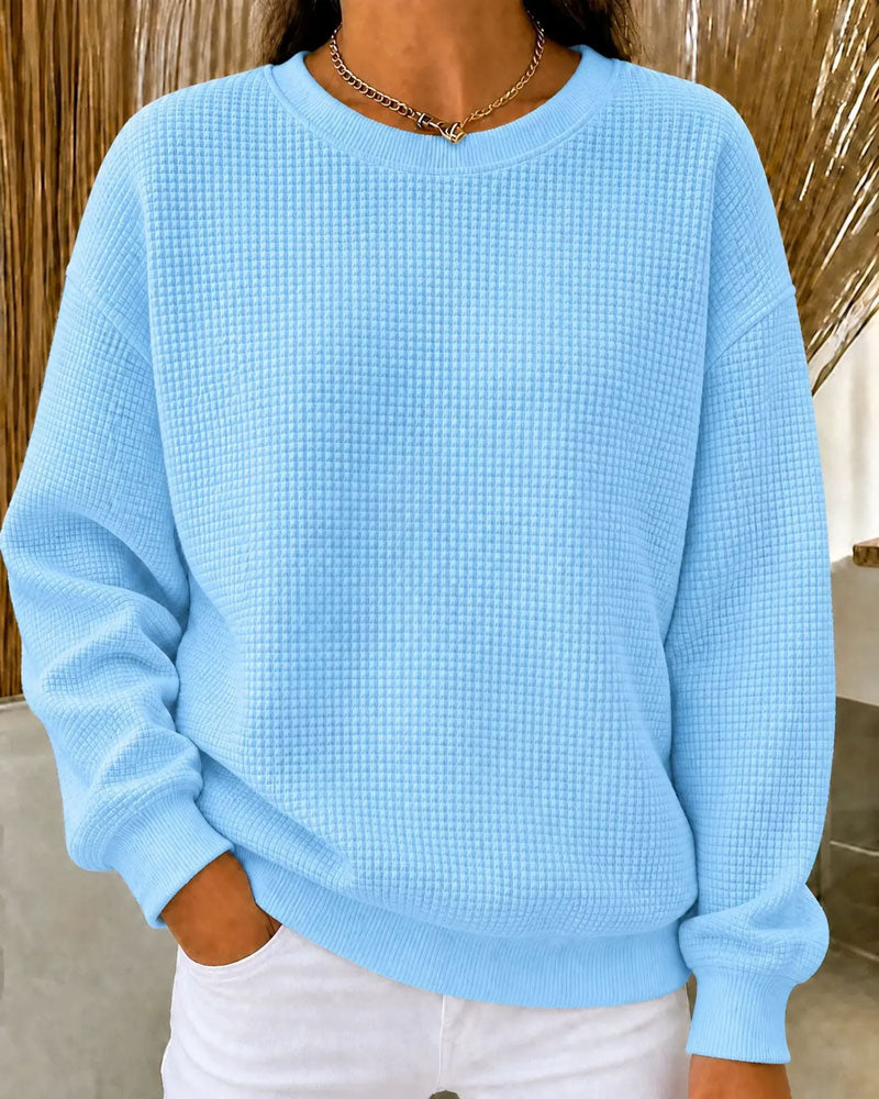 Waffle Knit Solid Crewneck Top