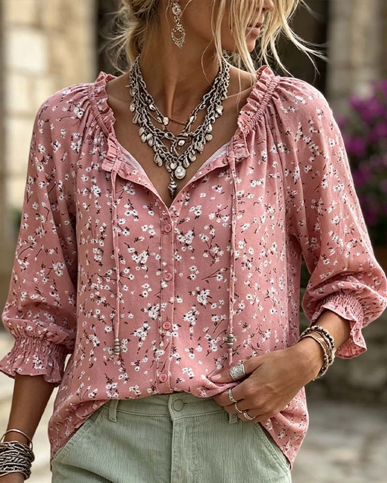 V-Neck Floral Strappy Ruffle Sleeve Blouse
