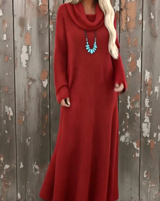 Solid Color High-Neck Stylish Dress