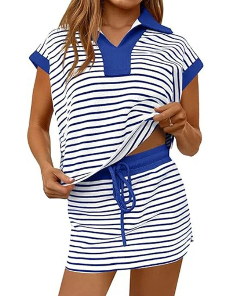 Striped Loose Short-Sleeve Short Skirt Set