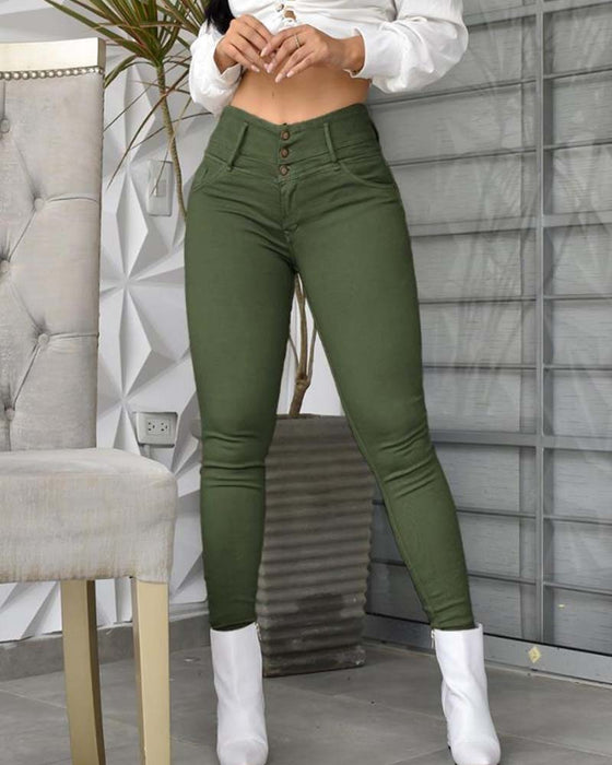 High Waist Pocket Button Skinny Pants