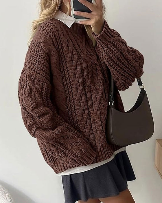 Loose Cable-Knit Crewneck Pullover