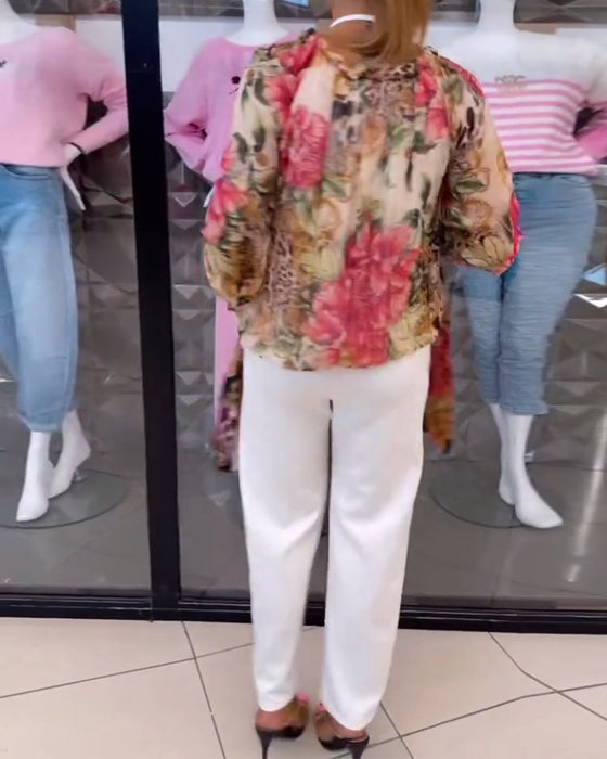 V-Neck Floral Print Blouse