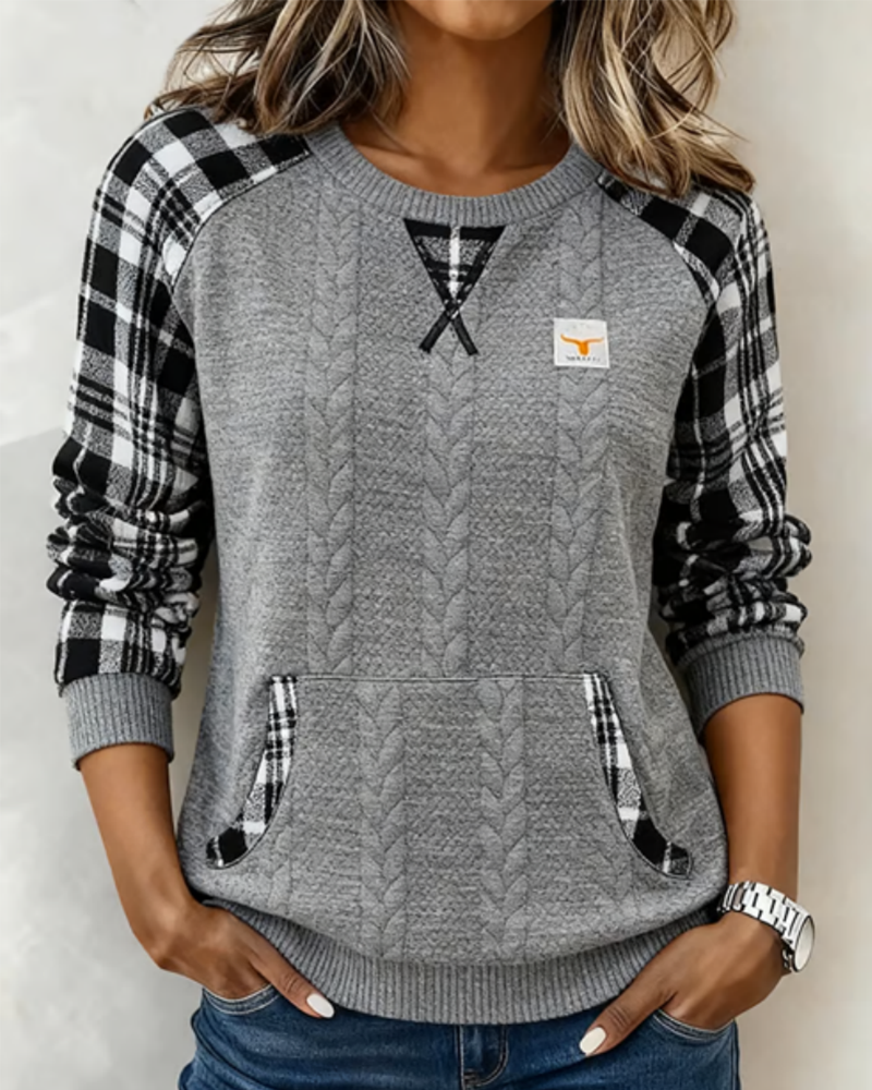 Plaid Patchwork Round Neck Sweatshirt