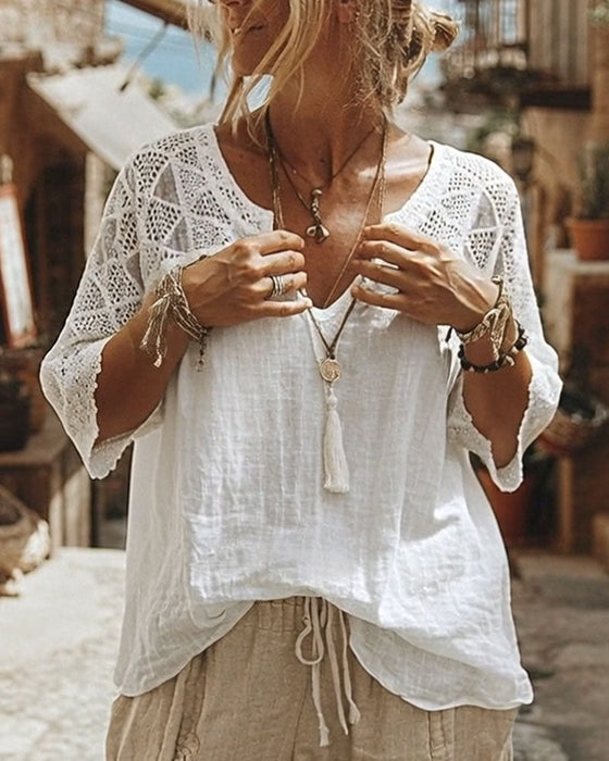 Solid-Color Paneled V-Neck Blouse