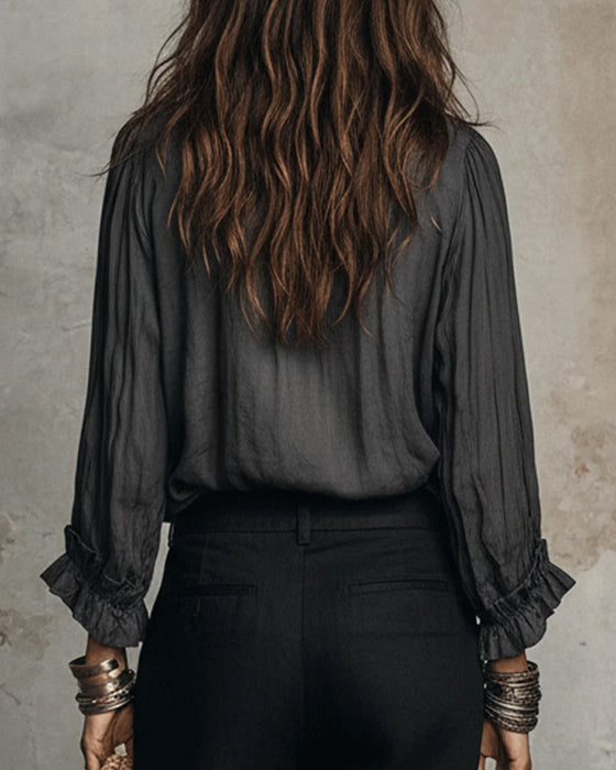 Long Sleeve Deep V-Neck Ruffled Blouse