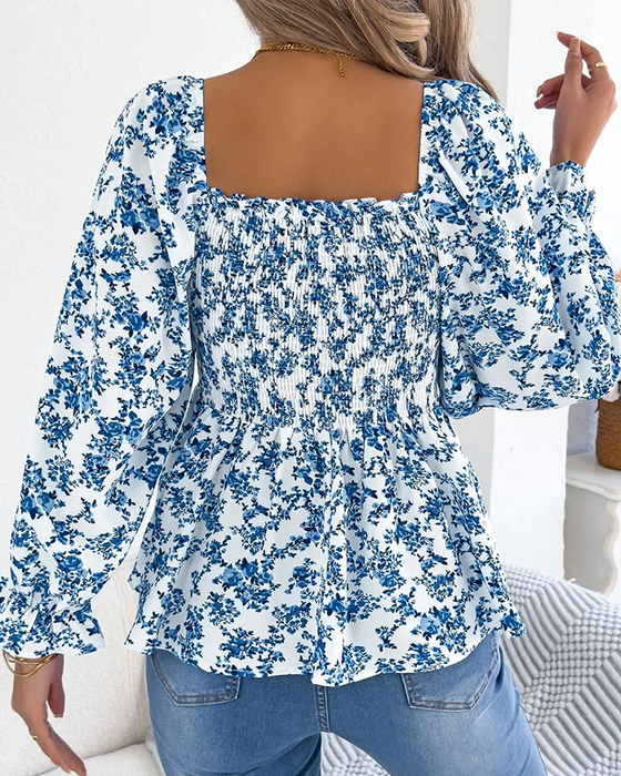 Square Neck Smocked Floral Ruffle Blouse