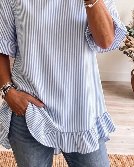 Stripe Crewneck Ruffle T-Shirts