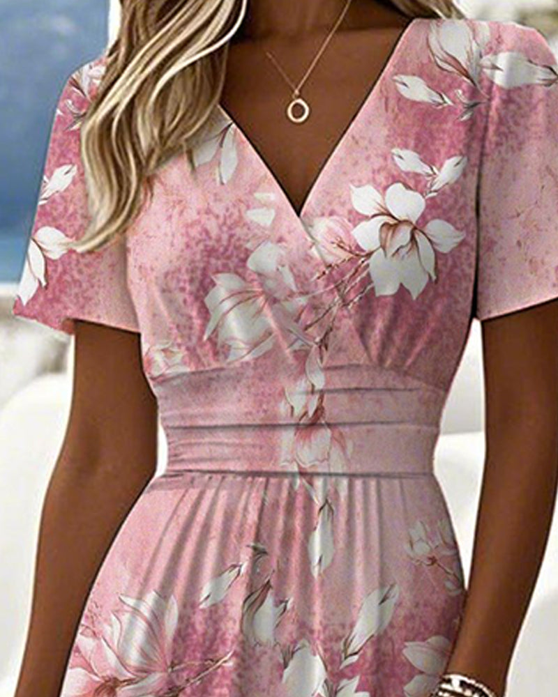 Orchid Print V-Neck Casual Dress