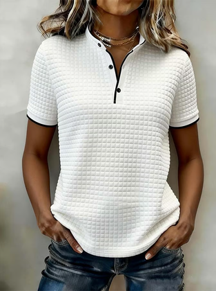 Waffle-Knit Button-Down Short-Sleeved Top