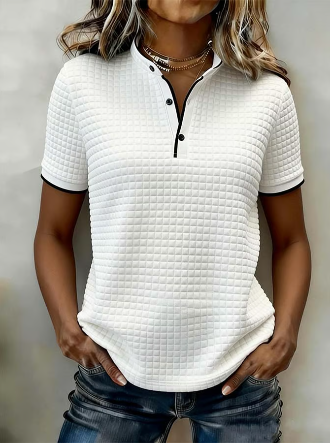 Waffle-Knit Button-Down Short-Sleeved Top