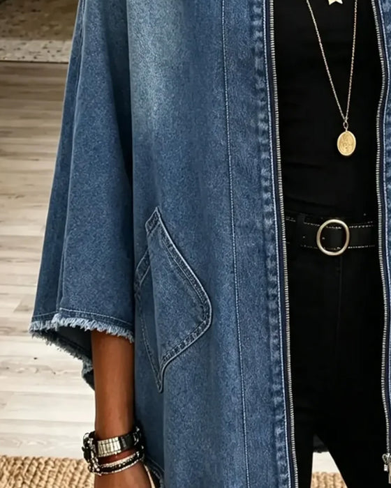 Lapel Zipper Fringe Denim Coat
