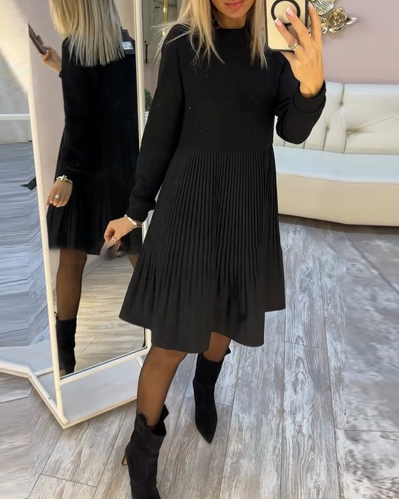 Long-Sleeved Rhinestone Pleated Dress