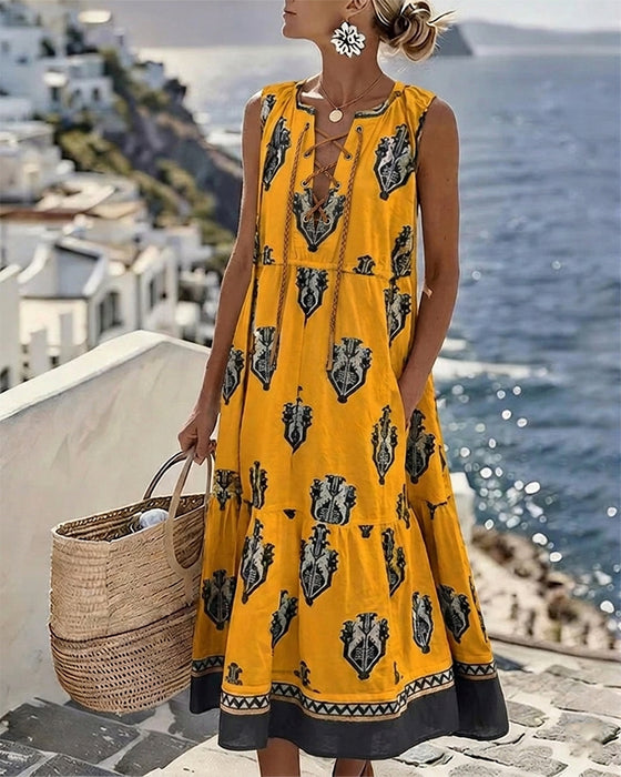 Ethnic Print Tie Sleeveless Long Dresses