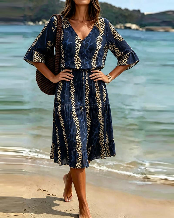 V-Neck Leopard Patchwork Midi Vacation Dress