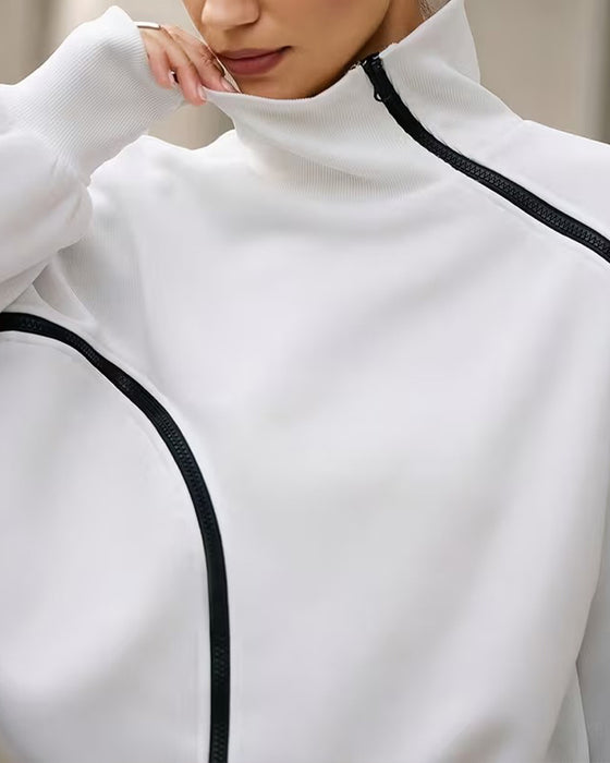 Mock Neck Zipper Drop Shoulder Relaxed Sweatshirt