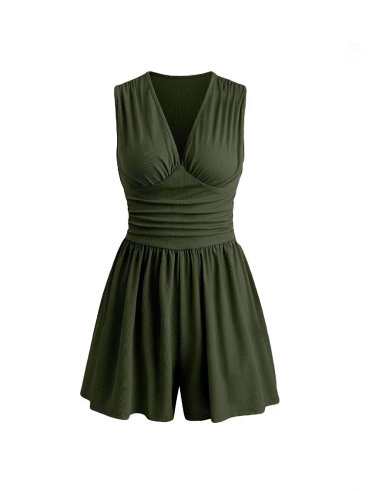 V-Neck Pleated Waist Cinch Jumpsuit