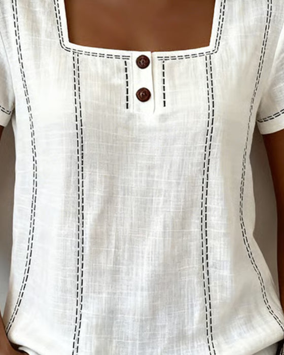 Small Square Neck Solid Button Blouse