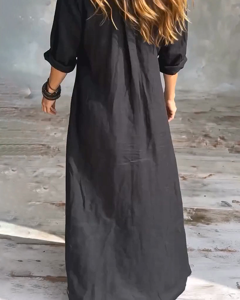 Shirt Collar Button Front Slit Solid Color Dress