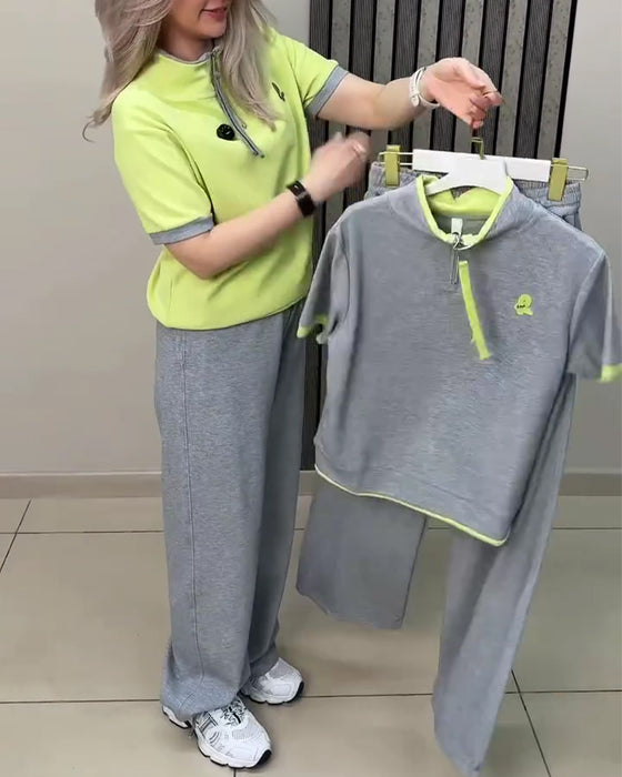 Half-Zip Stand Collar Sport Casual Two-Piece Set