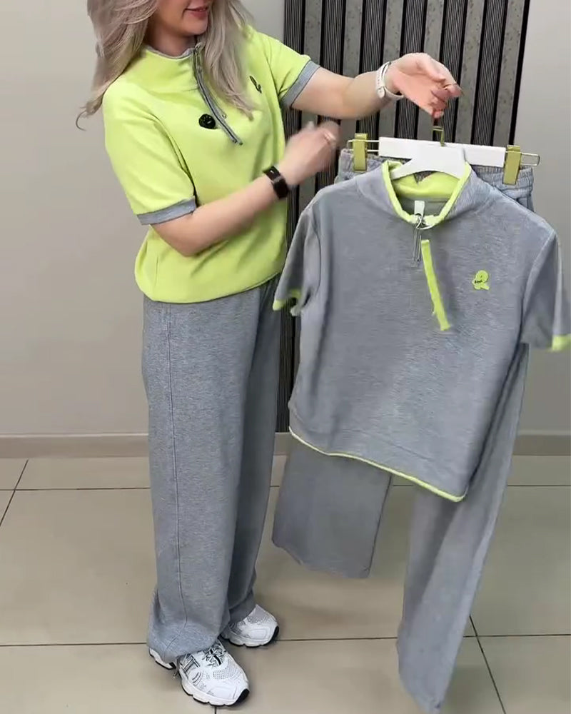 Half-Zip Stand Collar Sport Casual Two-Piece Set